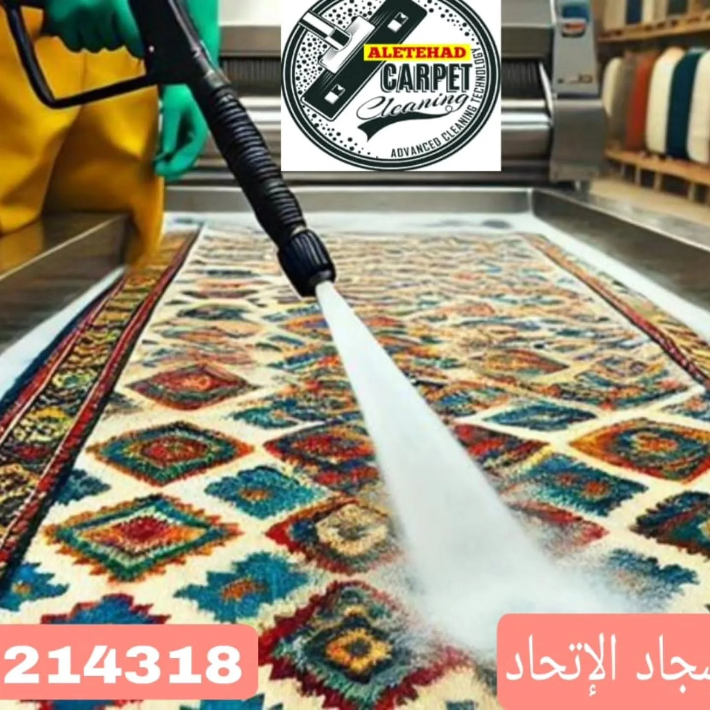عامل ينظف سجادة بالبخار في مغسلة سجاد الاتحاد